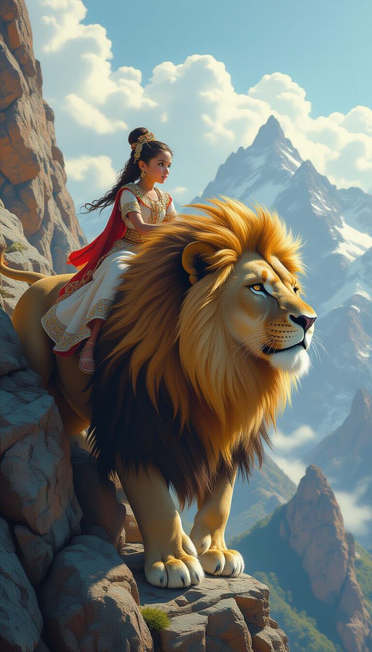 Girl Rides Lion Up Mountain in Hyperrealistic Style