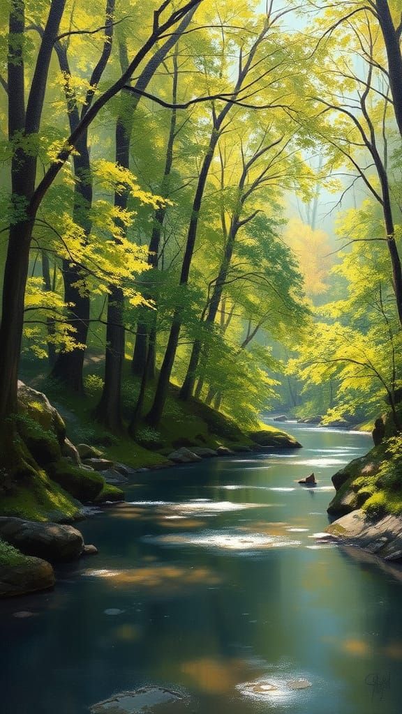 Surreal Spring Forest Scene in Impressionist Oil Painting St...