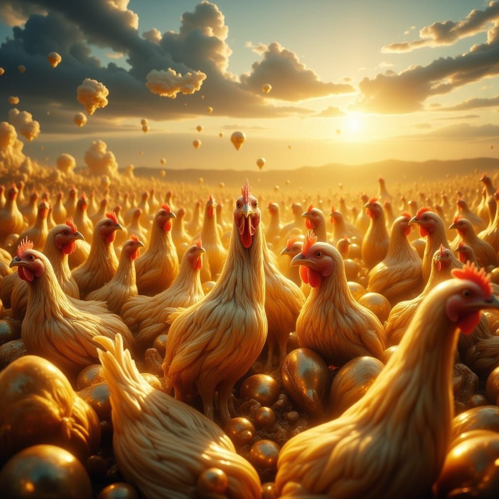 Ten Thousand Chickens Laying Golden Eggs in Ethereal Flux