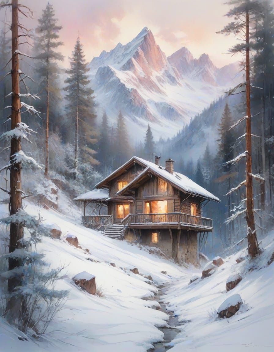 Snowy Alpine Chalet at Dawn in Watercolour Style