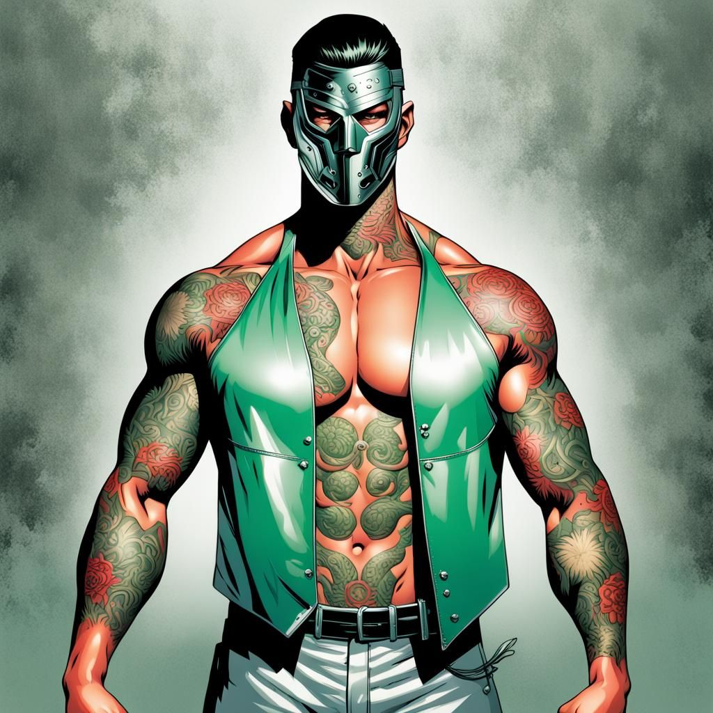 Shirtless Masked Gangster in Comic Book Art Style