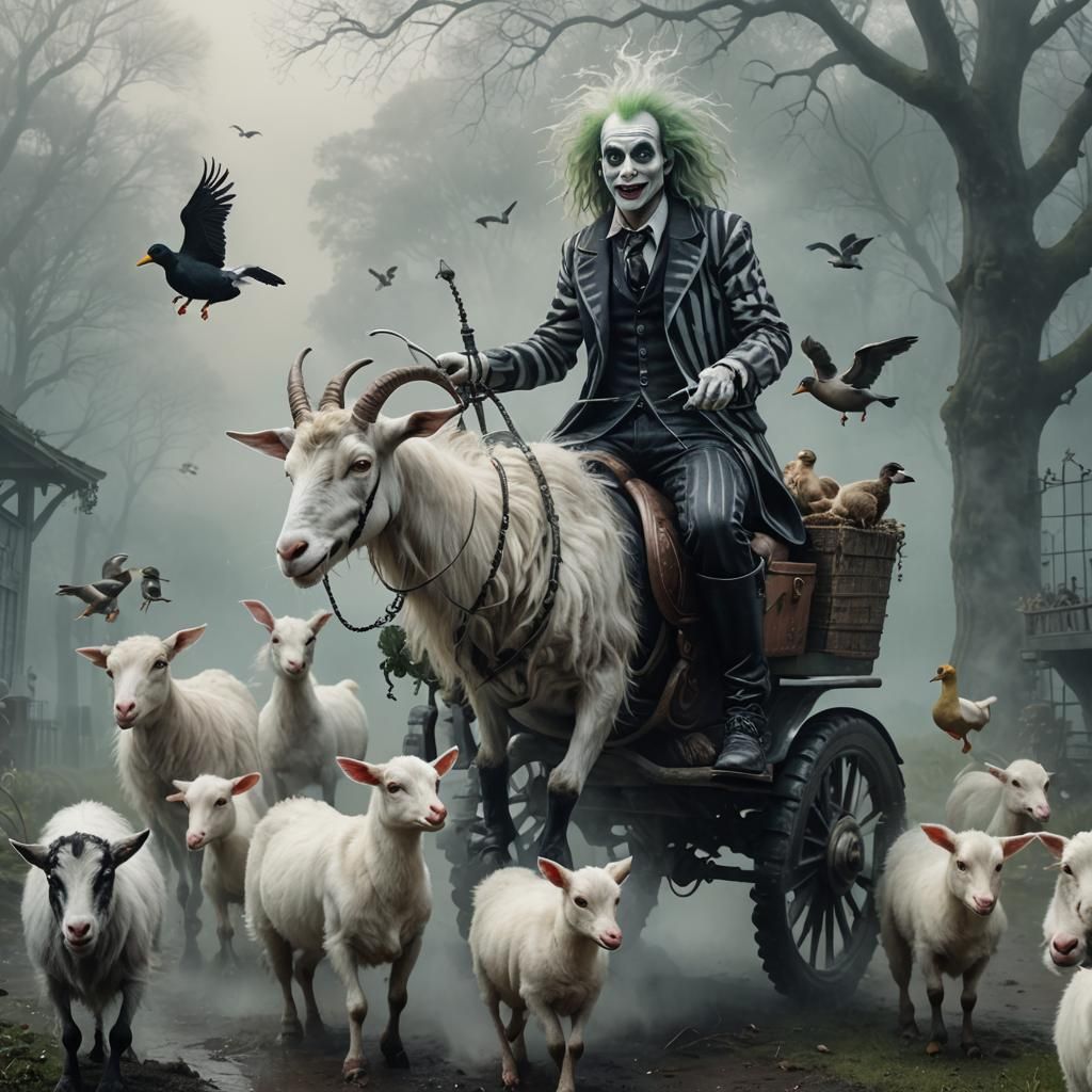 Beetlejuice Rides a Goat in Ethereal Fantasy
