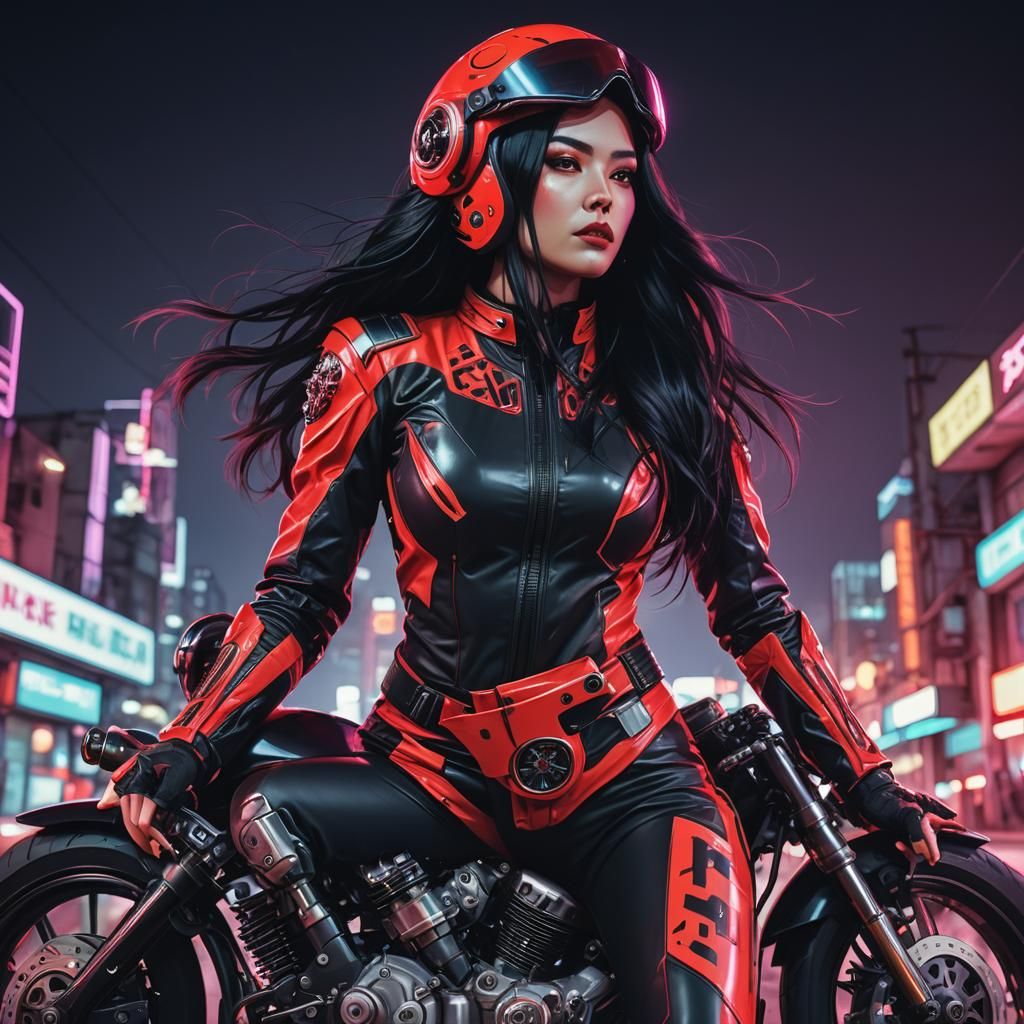 Cybernetic Woman on Motorcycle in Synthwave Style