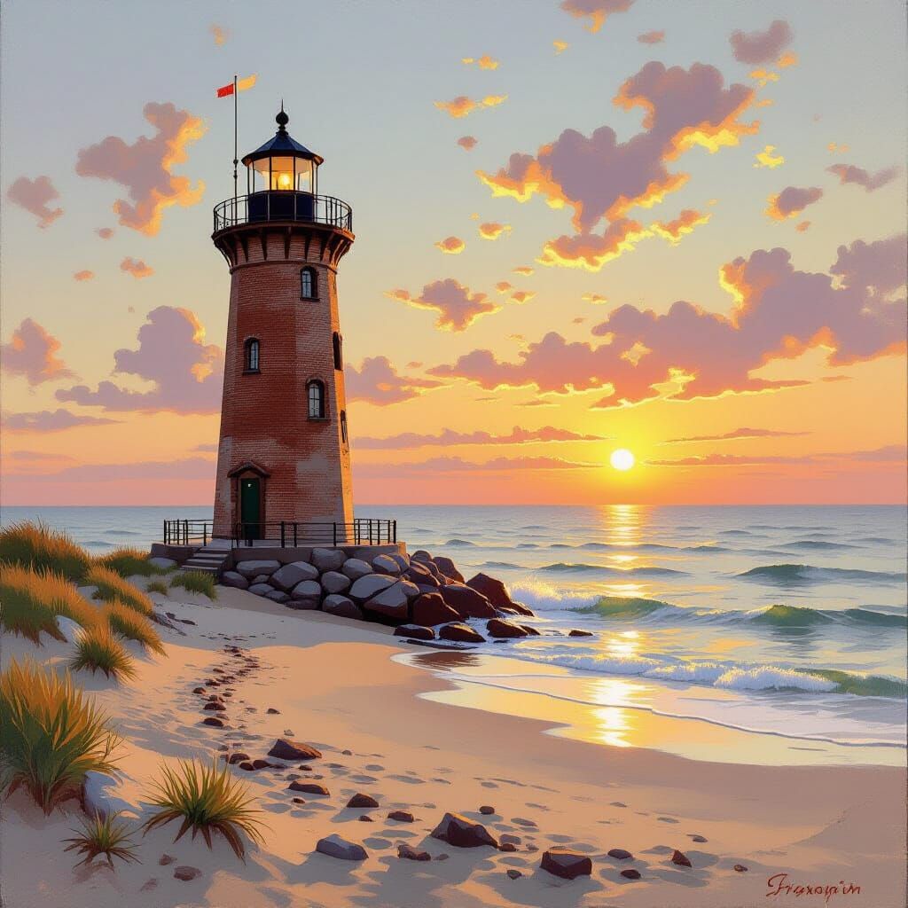 Lighthouse Sunset: Romantic Beach Scene