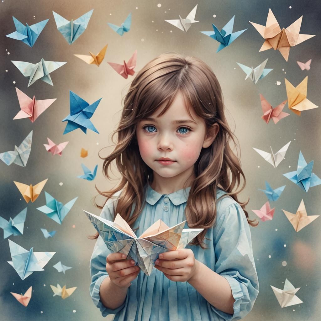 Origami Girl: Whimsical Watercolor Concept Art