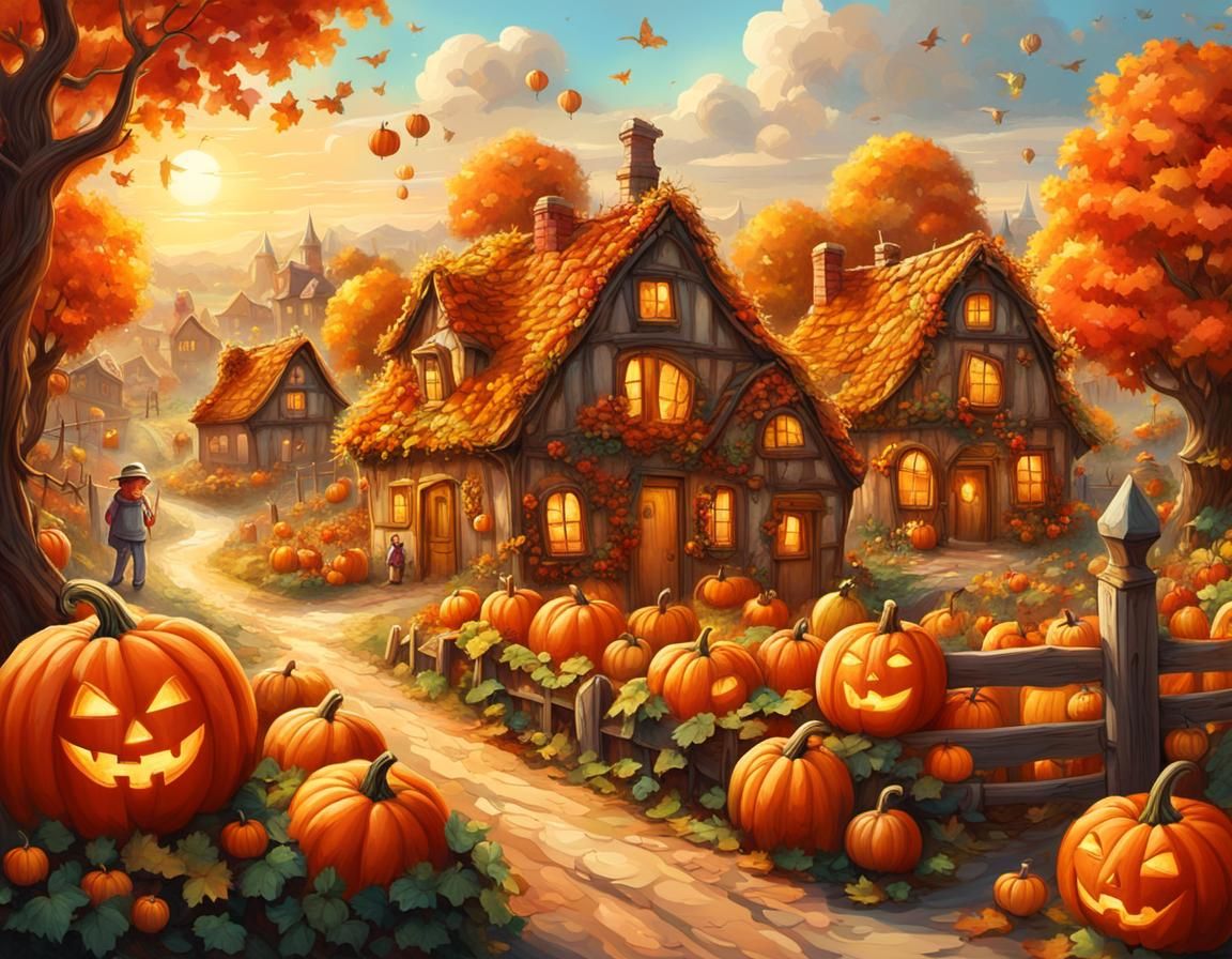 Whimsical Pumpkin Village in Fantasy Art Style