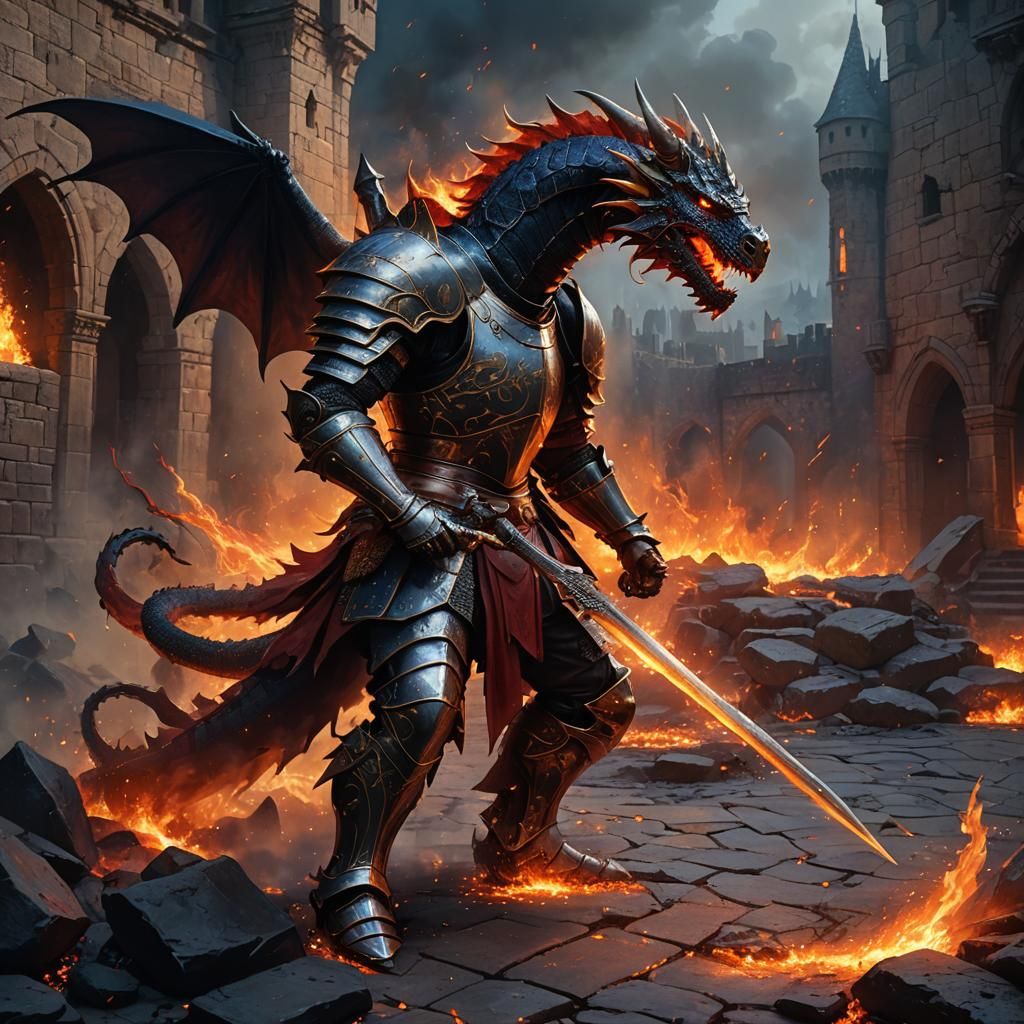 Epic Knight Dragon Battle in Medieval Fantasy Style