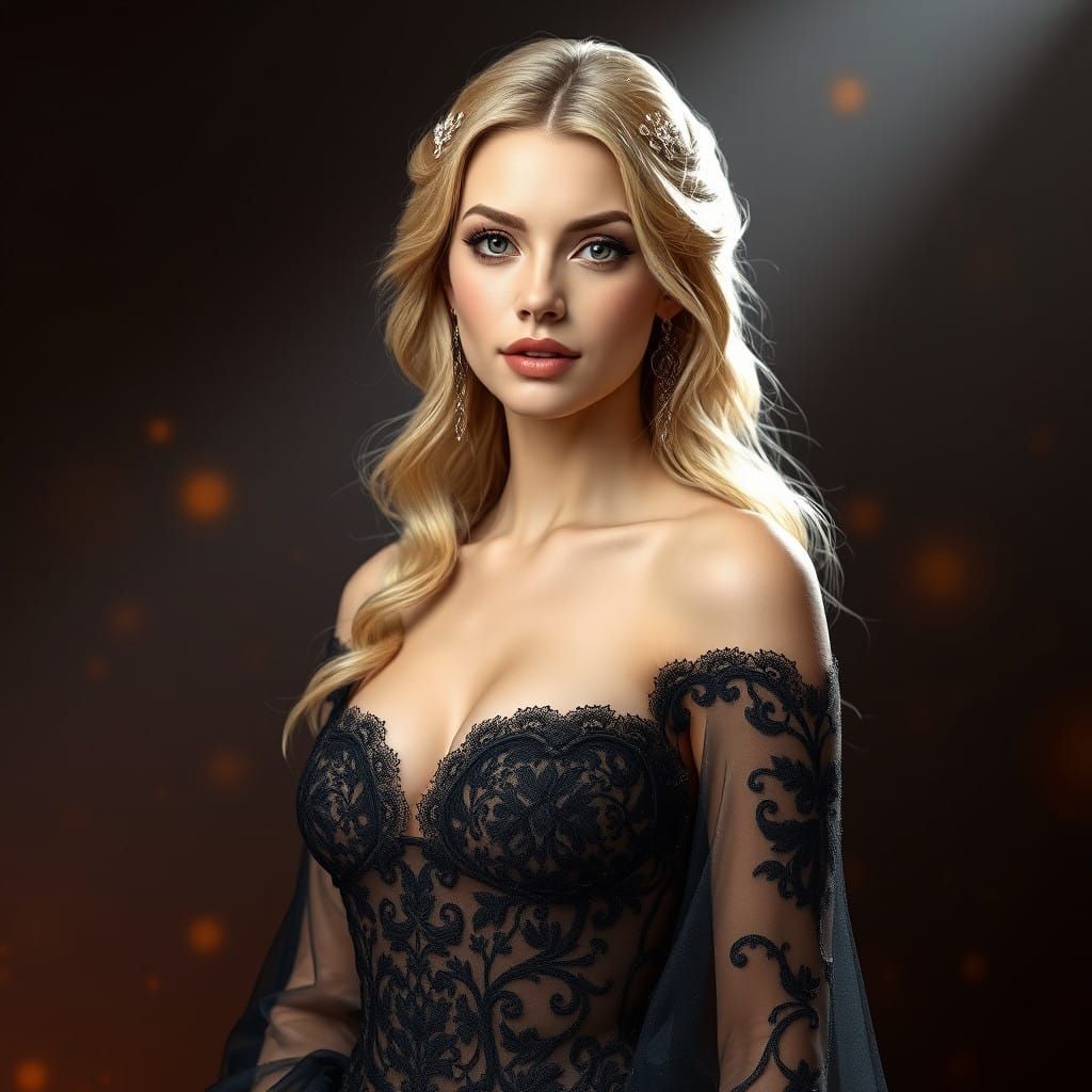 Elegant Woman in Roman Lace Gown Against Vibrant Ember Backg...