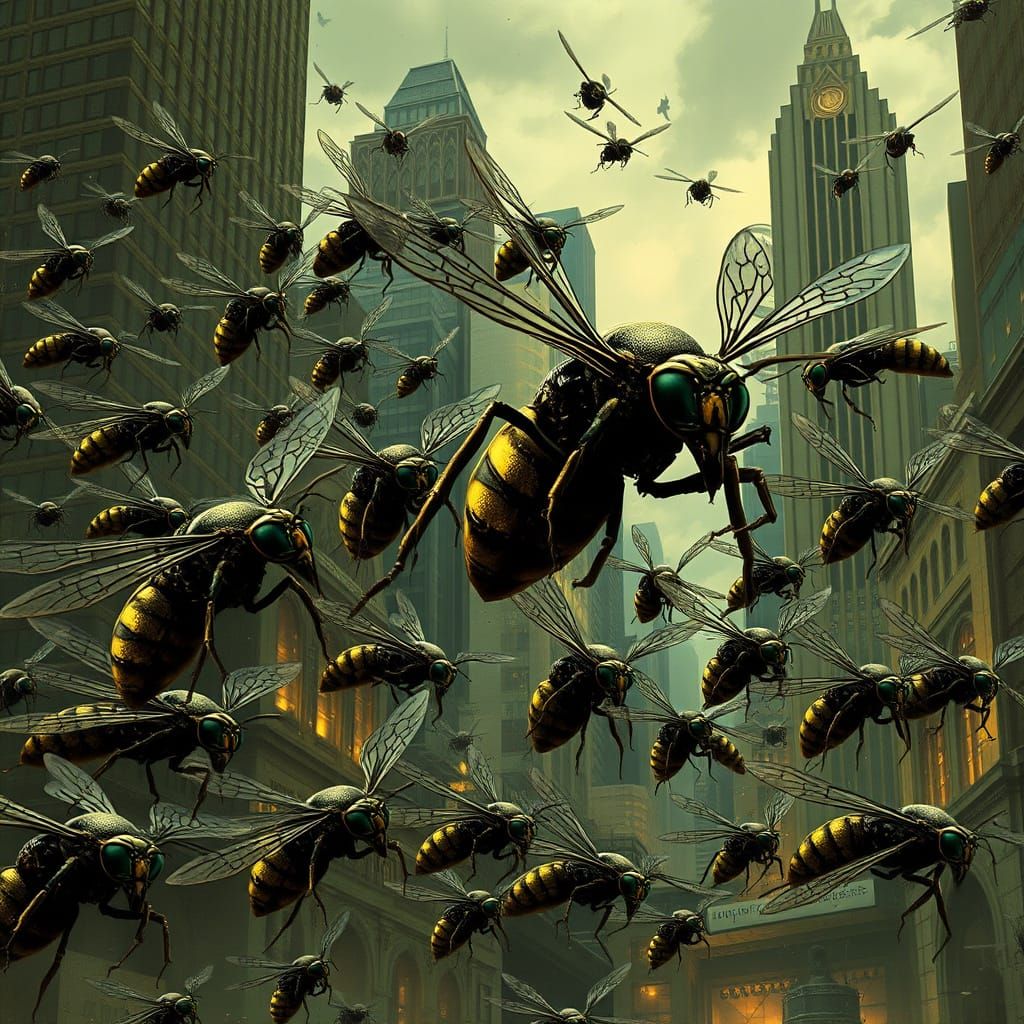 Dystopian Metropolis Under Siege by Metallic Wasps