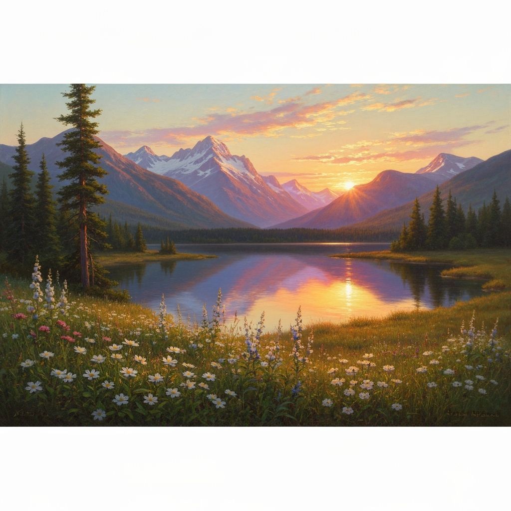 Hudson River School Landscape Painting at Sunset