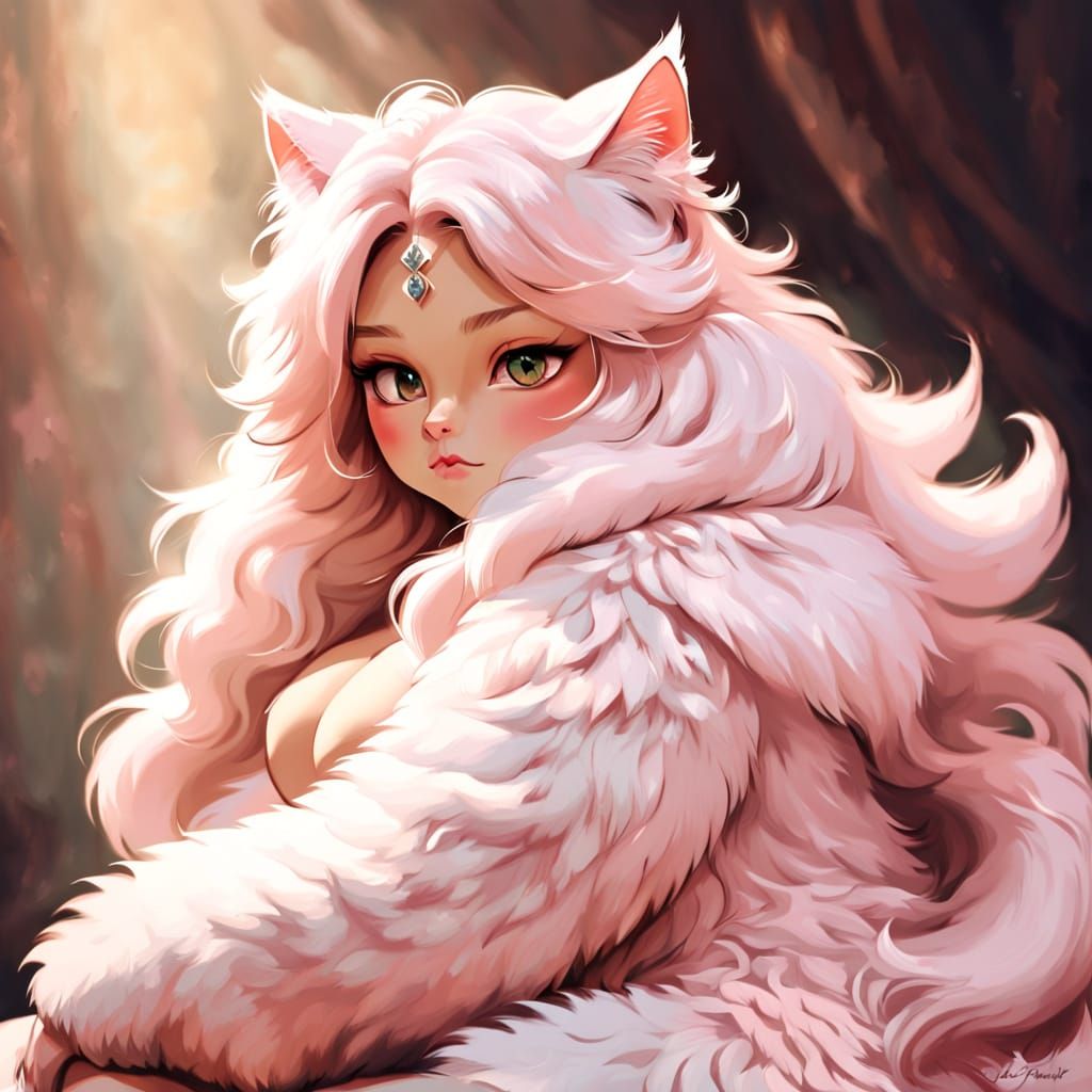 a cat-like Lady Ethereal has a chubby and voluptuous body with light pink fur. Her long, drooping hair and the tips of h...