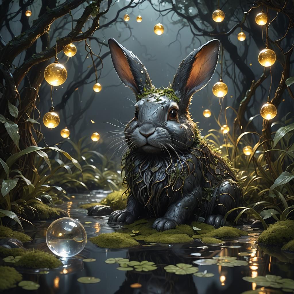 Magical Silver Rabbits in Moonlit Swamp: Hyperdetailed Art