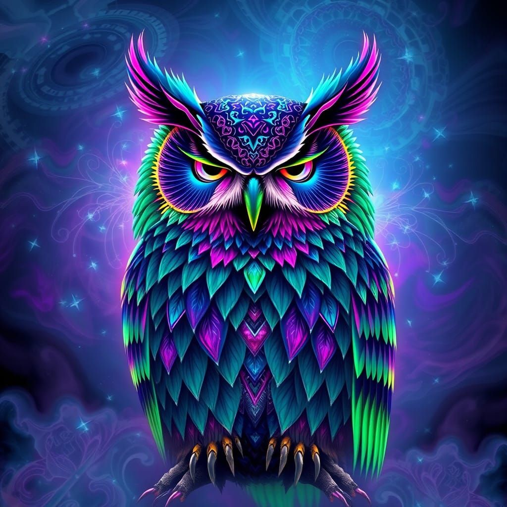 Surreal Owl in Neon Fractals, Psychedelic Landscape
