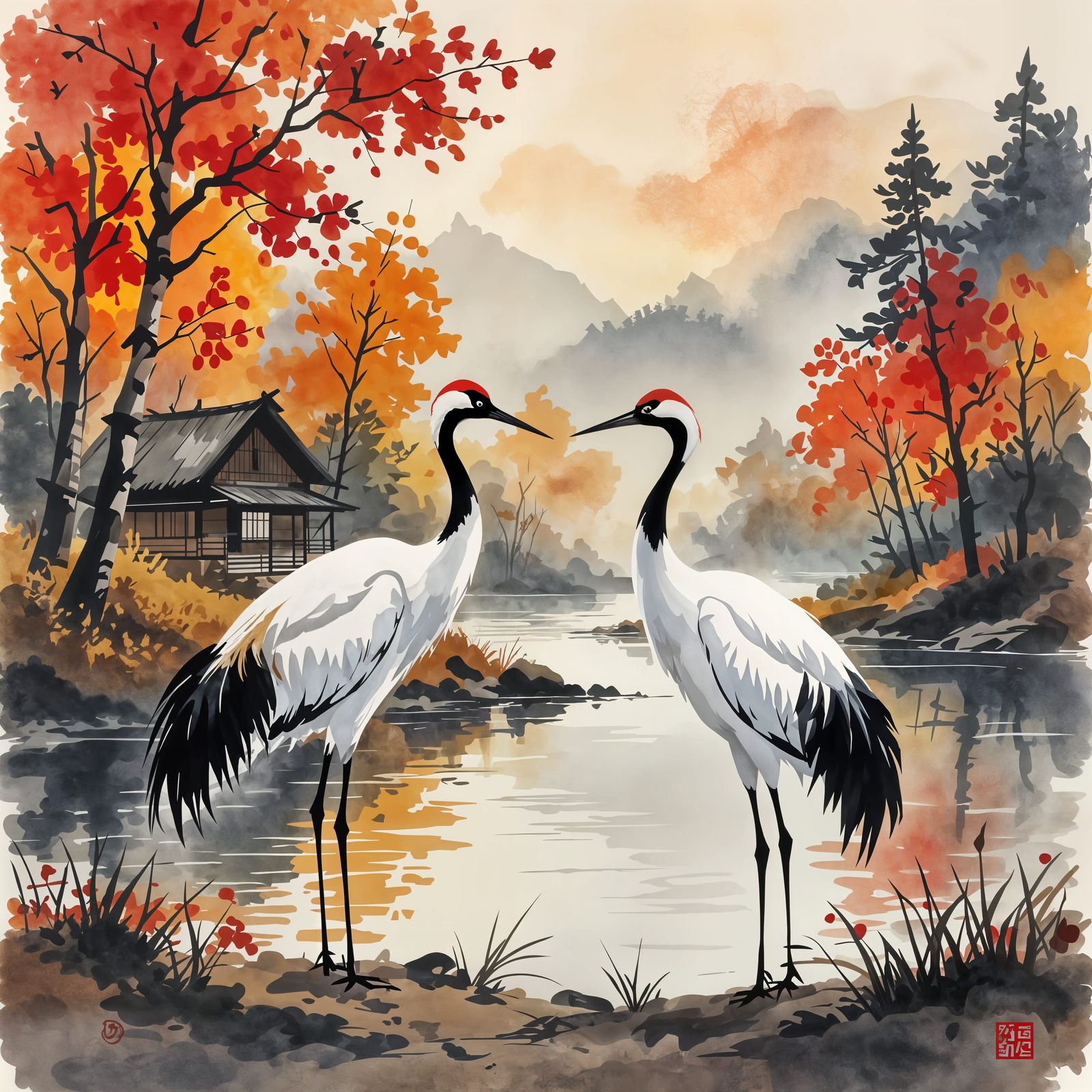 Stylized Crane by Serene Riverbank in Autumn