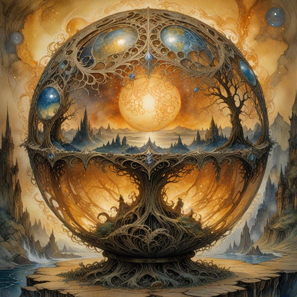 Elemental Sphere on Burnt Paper in Watercolor Style