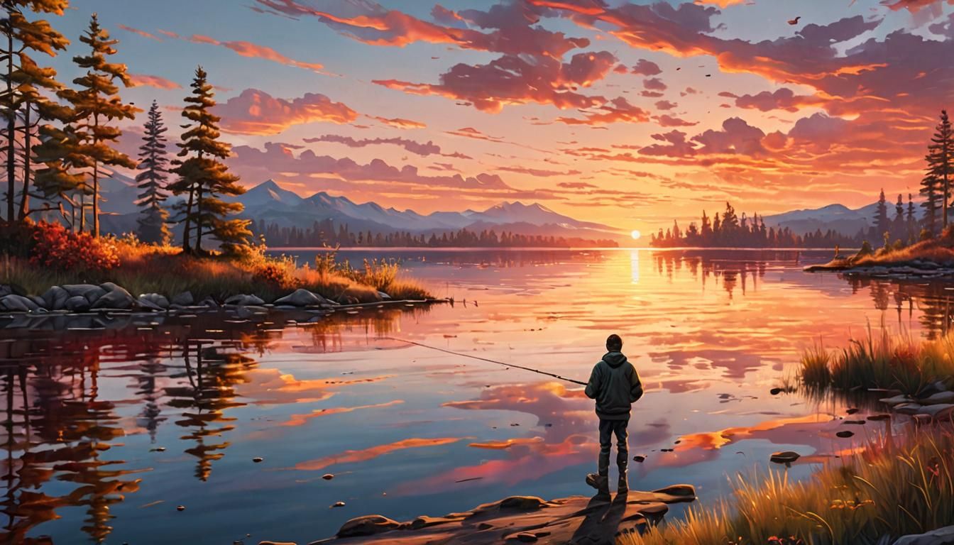 Serene Sunset Fishing: Hyper-Realistic Digital Art