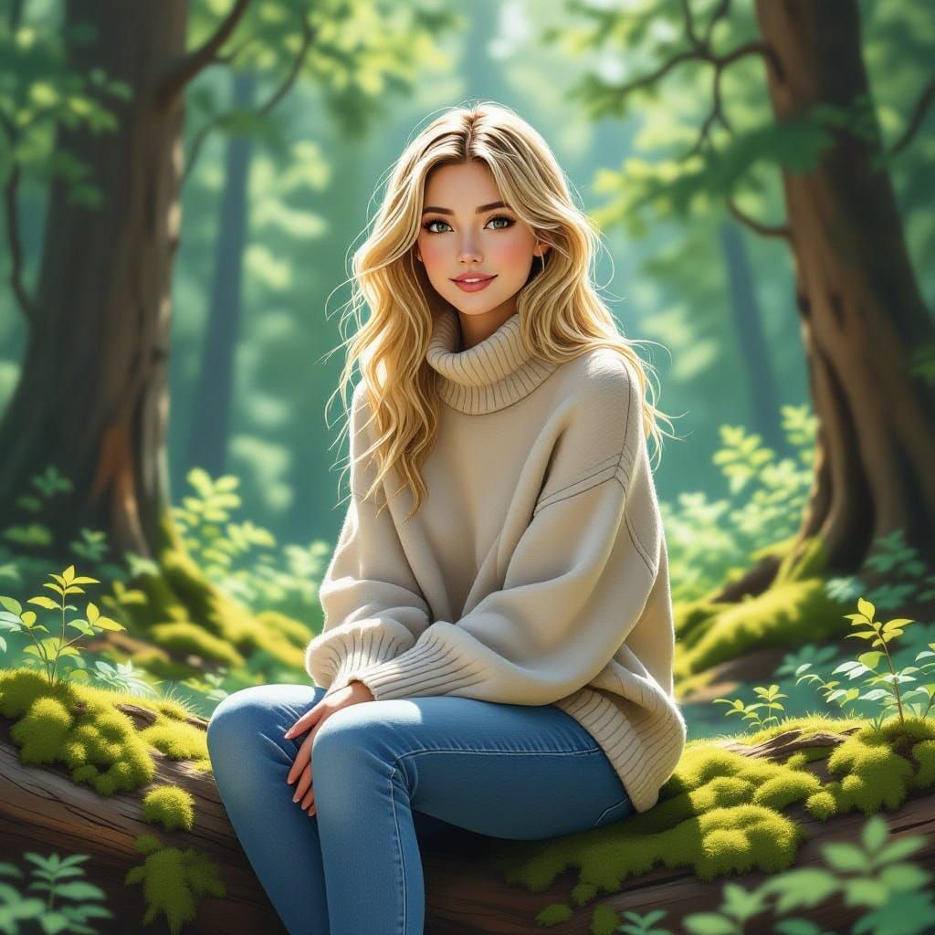 Woman in Forest, Anime Style Digital Art