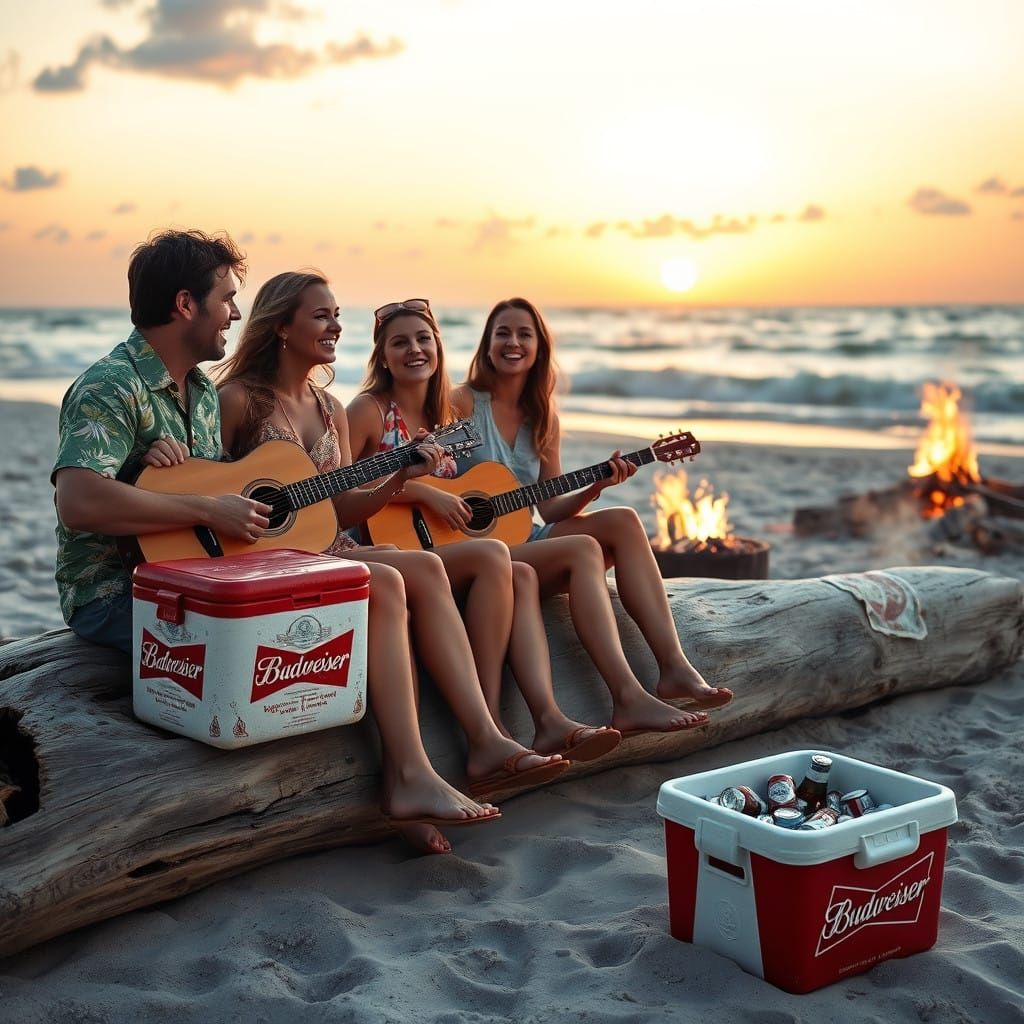 Friends Gather on Driftwood Log at Sunset