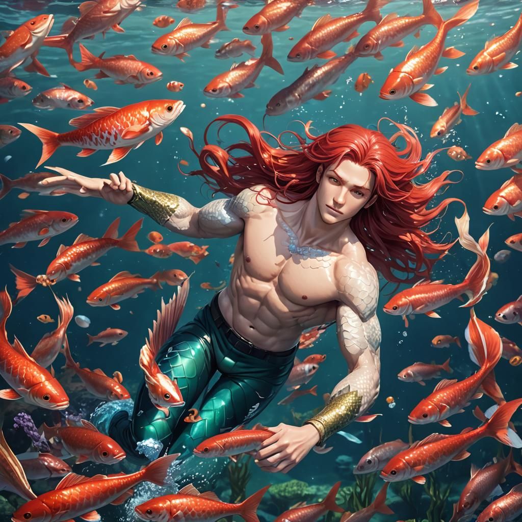 Merman with Red Hair in Anime Style