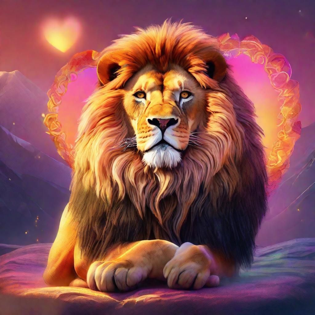 Cartoon Lion with Heart in Watercolor Style