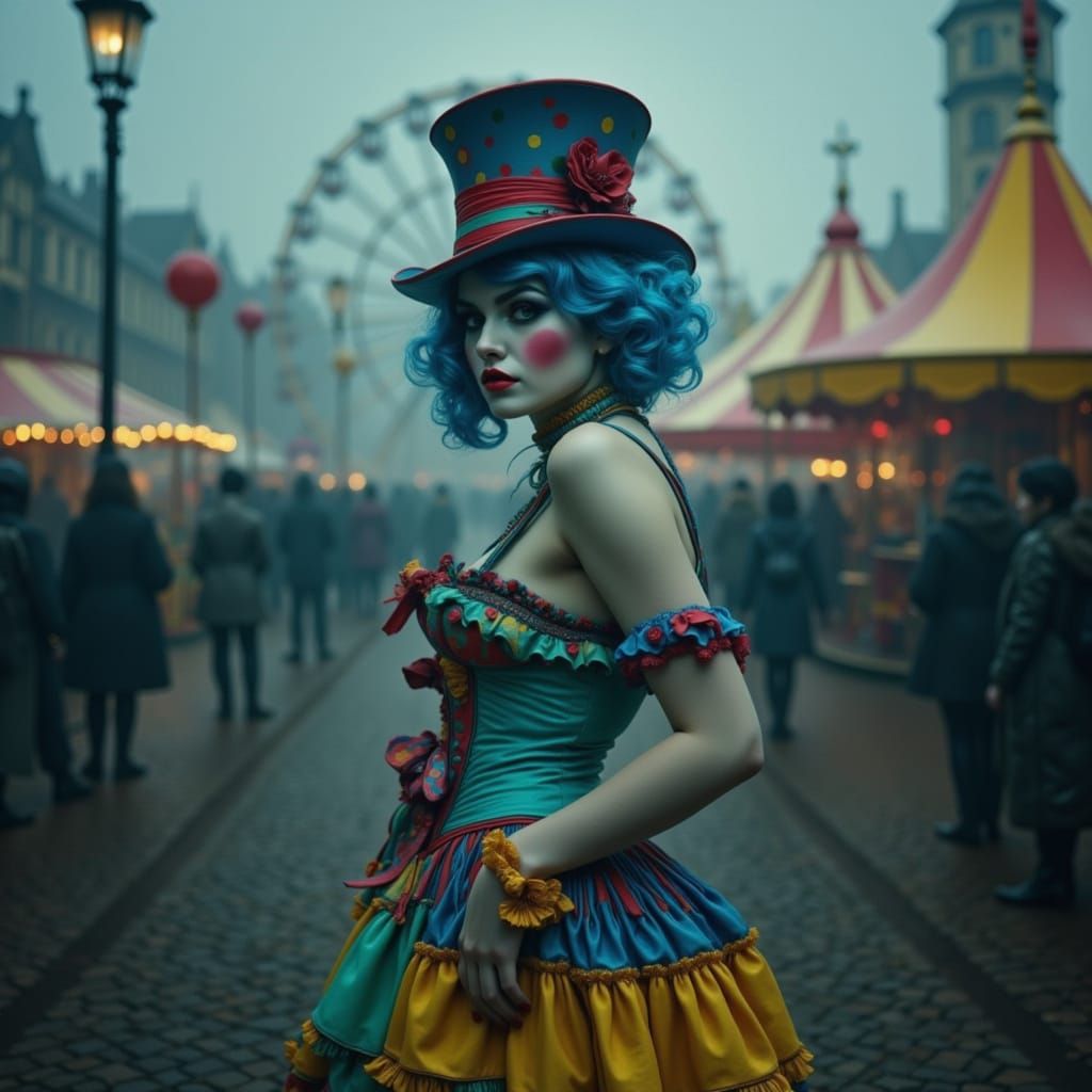 Haunting Clown Woman at Desaturated Carnival in Gothic Style