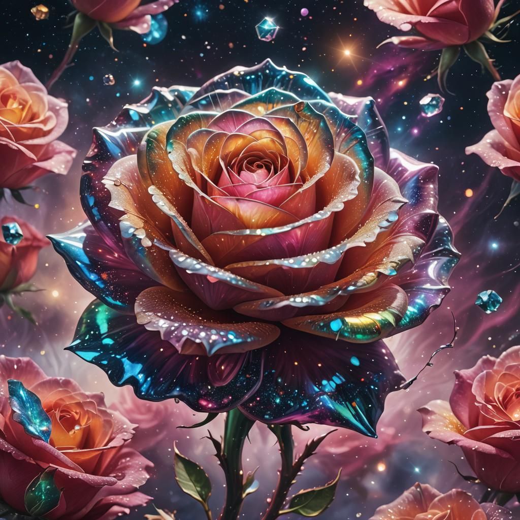 Crystal Rose in Space: Surreal Cosmic Illustration