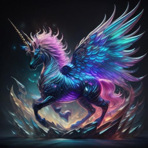 <lora:Fantasy:1.0> An iridescent crystal pegacorn  with wing...