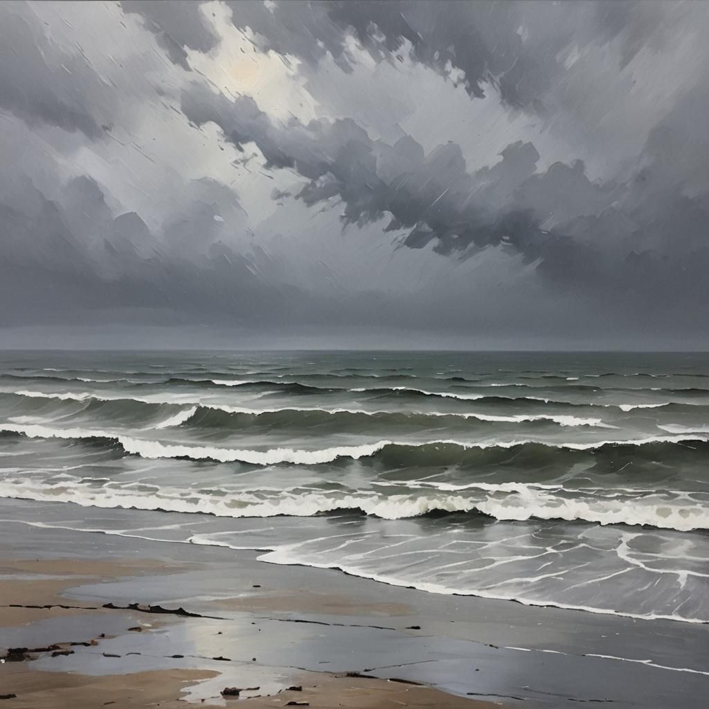 Rainy Beach Day: Dynamic Brushstroke Impression