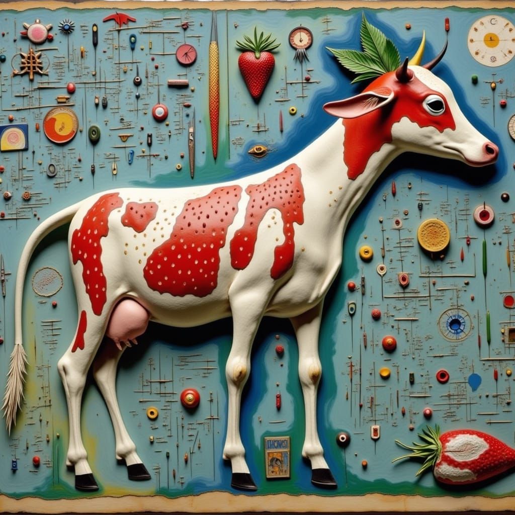 Surreal Cow Strawberry Mural in Whimsical Scientific Setting
