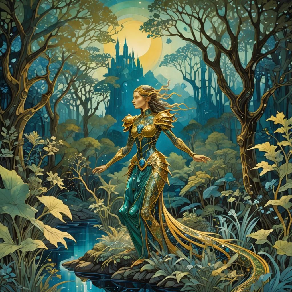 Lizard Woman in Golden Forest, Art Nouveau Style