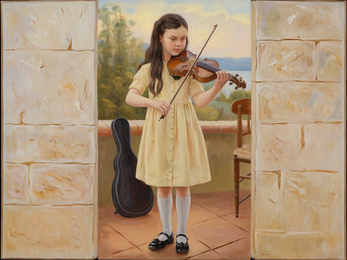 Impressionistic Girl Plays Violin on a Serene Terrace