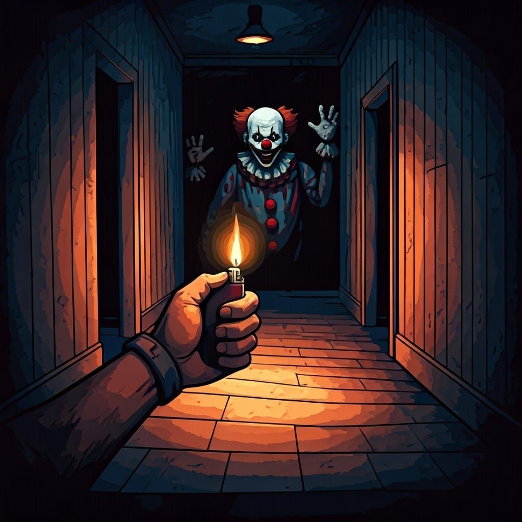 Eerie Corridor: Pixel Art Clown in Abandoned House