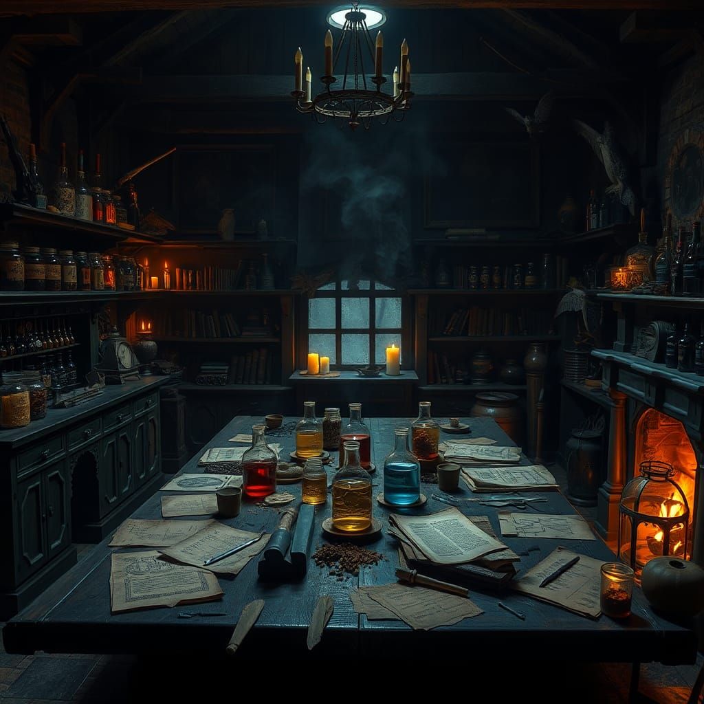 Eerie Potions Laboratory Scene in Hyperrealistic Detail
