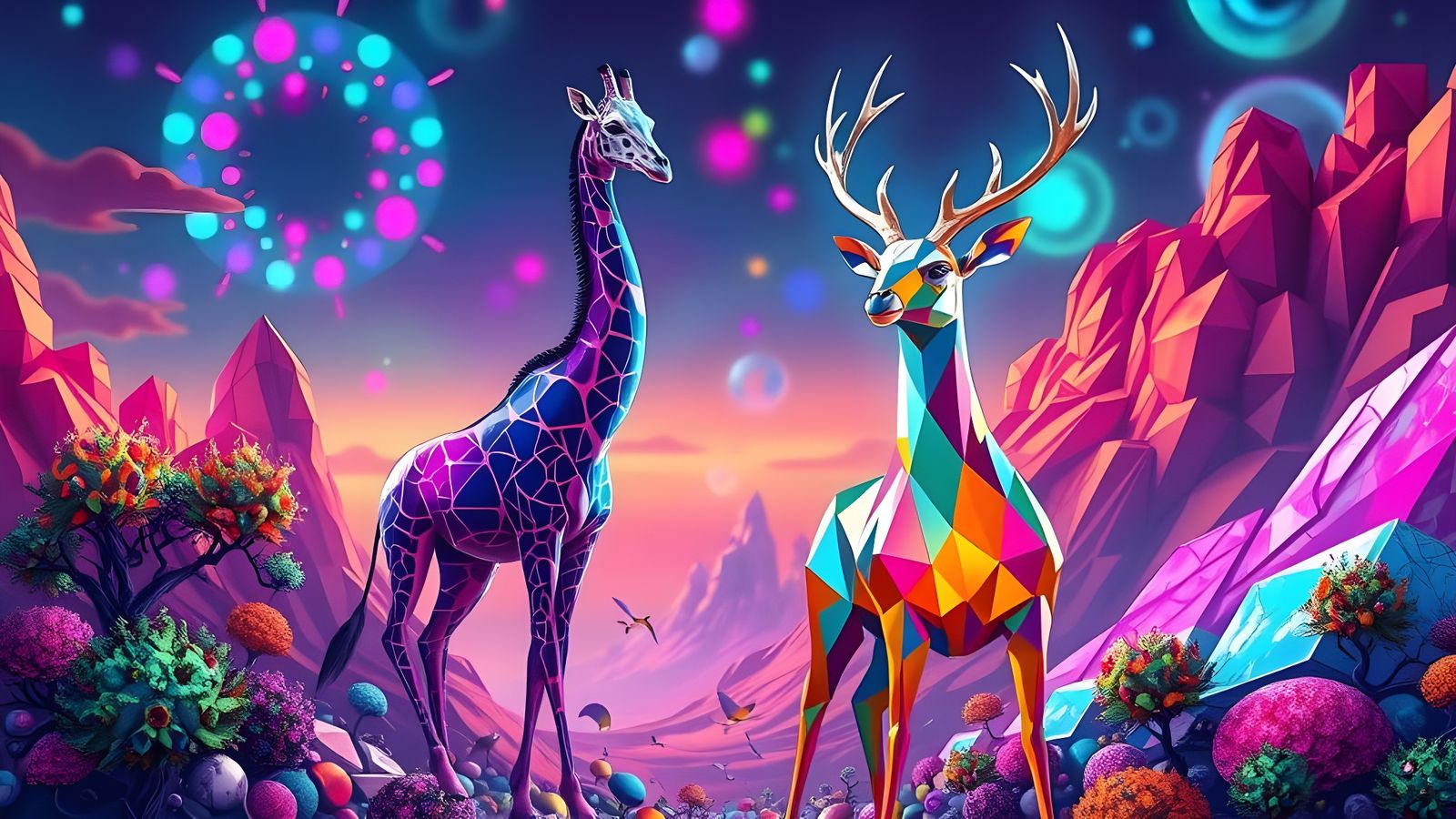 Fractal Giraffe and Neon Deer in Vibrant Geometric Landscape