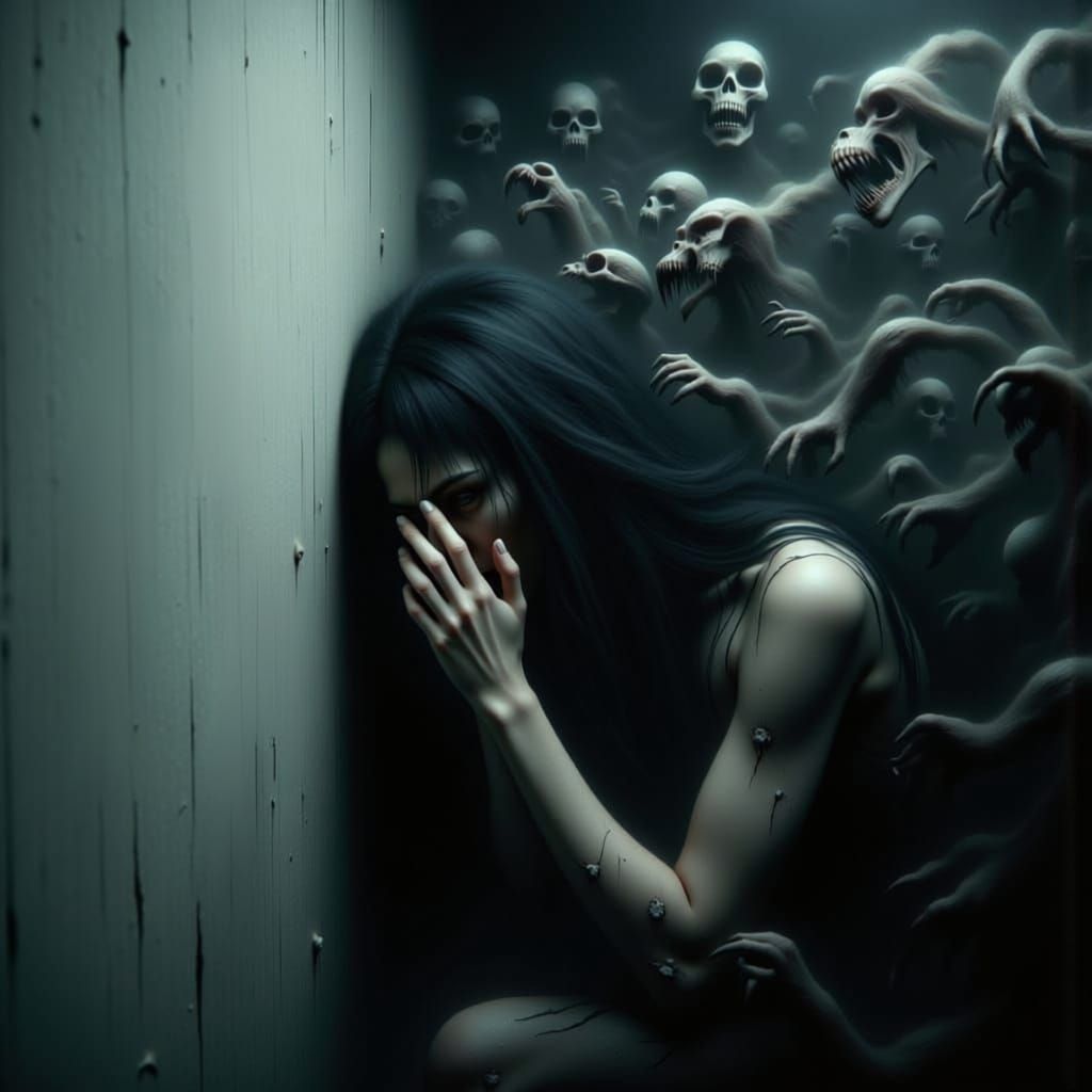 Woman Cowering from Phantasms in Surrealist Horror Scene