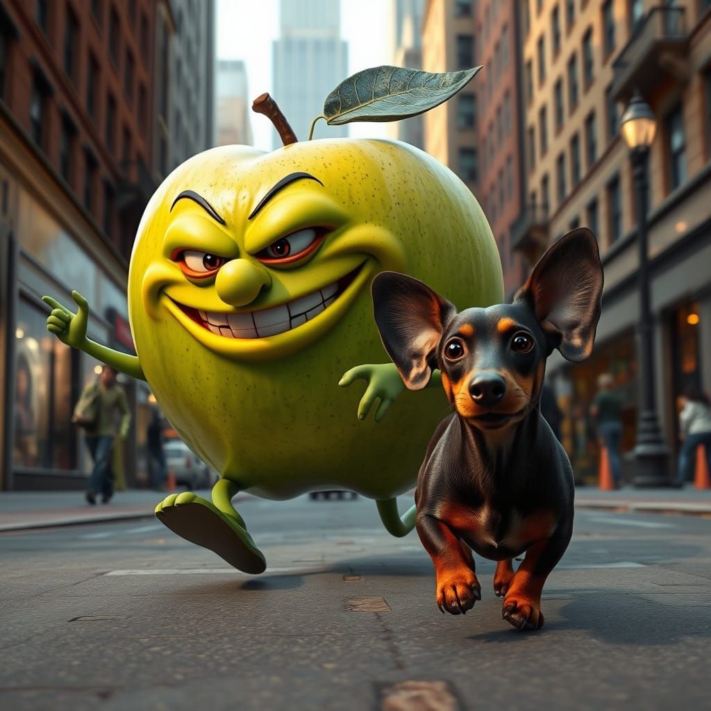 Gigantic Apple Chases Adorable Dachshund in Bustling City