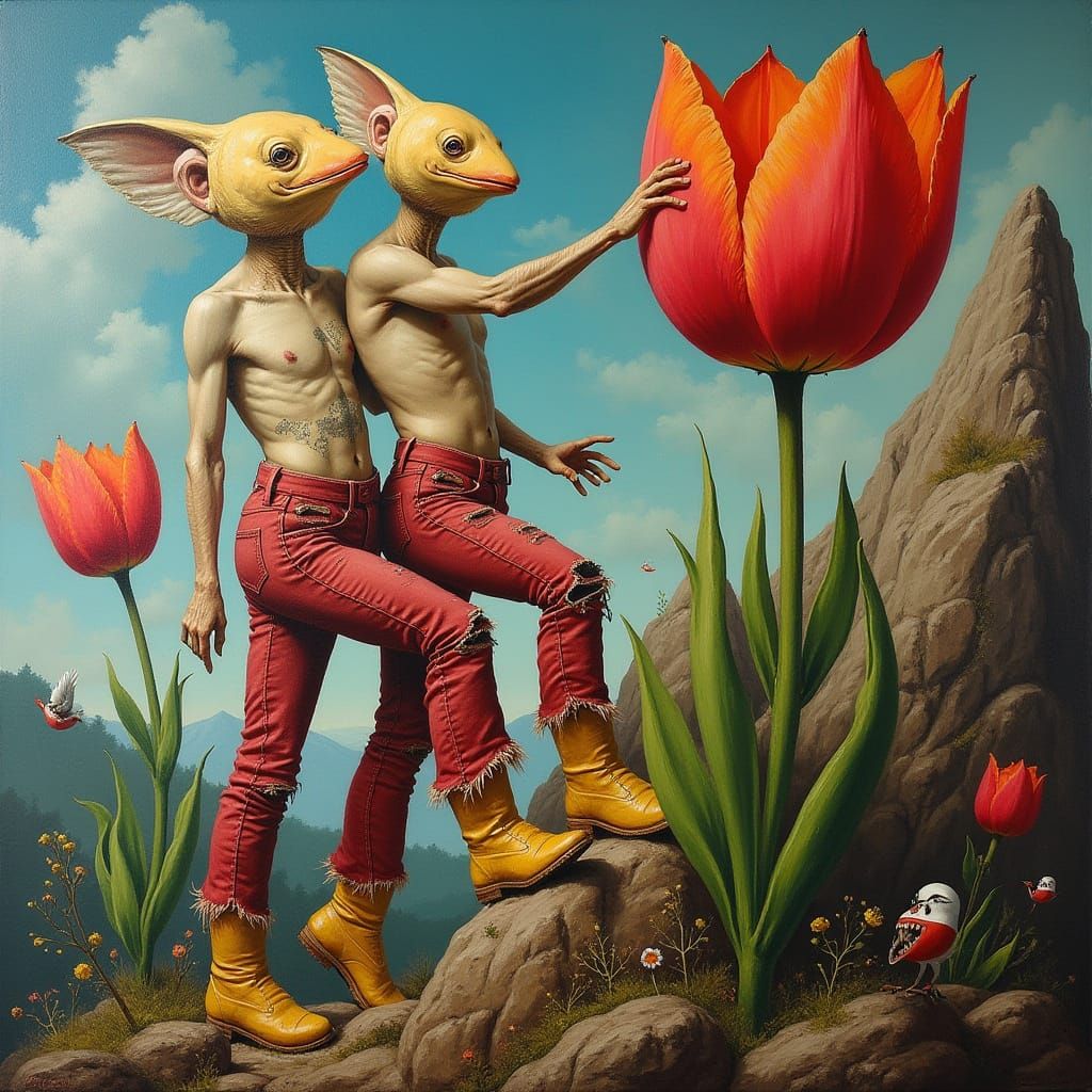 Surreal Impasto Painting: Giant Figures Climb Tulip Mountain