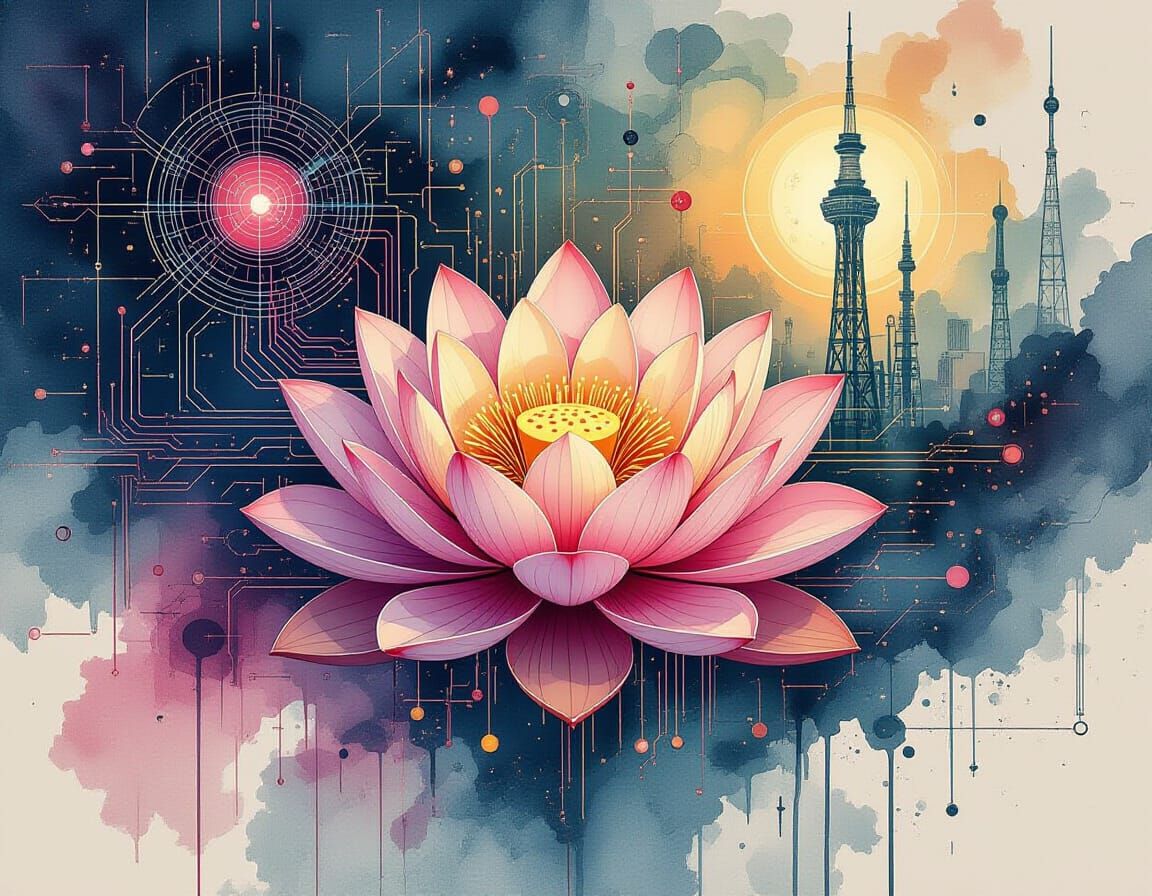 Teslapunk Lotus Space Station in Glitchcore Style