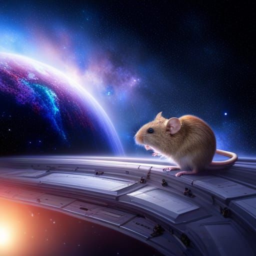 Mouse Gazing at Galaxy from Spaceship Window