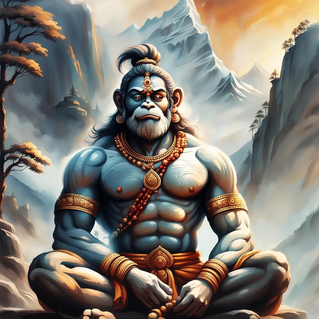 Hanuman Meditating in the Himalayas: Indian Ink Painting