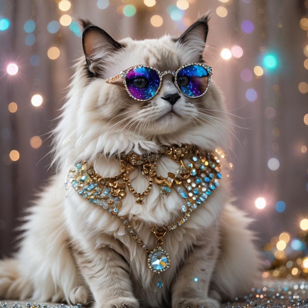 Ragdoll Cat Portrait with Rhinestone Sunglasses