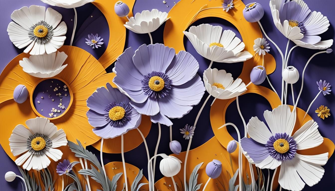 3D hollow  whites  poppies , marquarites ,  art sculpture  3...