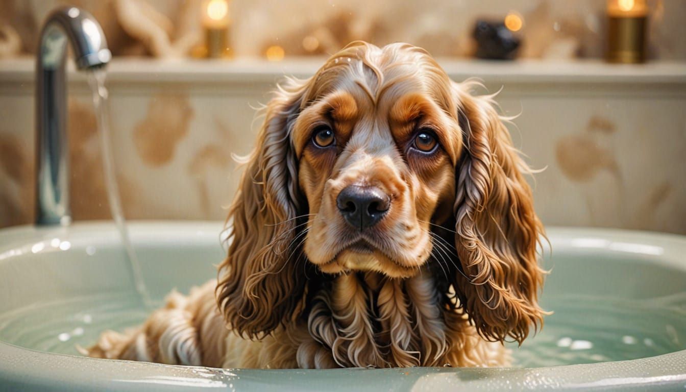 Adorable Cocker Spaniel Bathtime Portrait in Digital Art