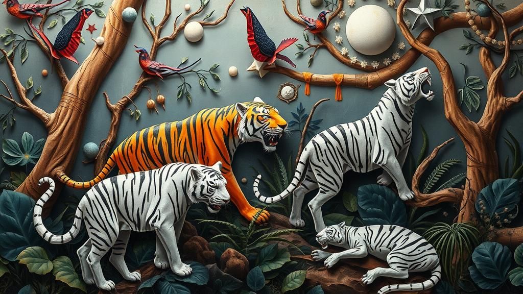 Surreal Origami Tigers in Abstract Jungle