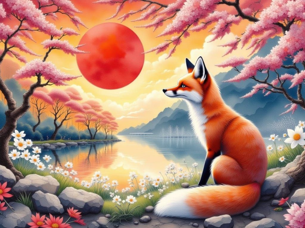Red Fox at Sunrise: Japanese Woodblock Style