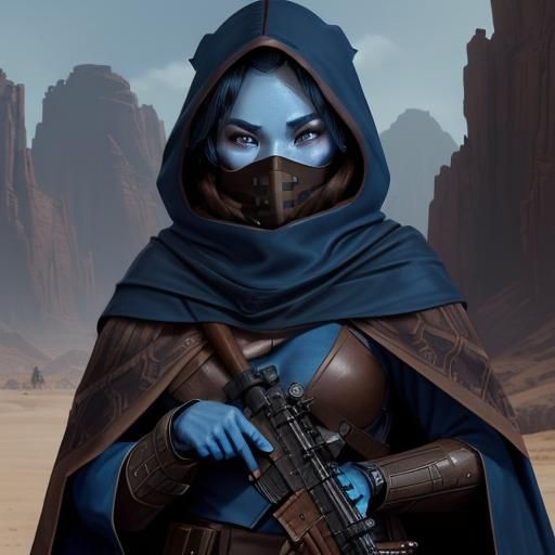 Blue-Skinned Bandit in Scifi Desert Landscape