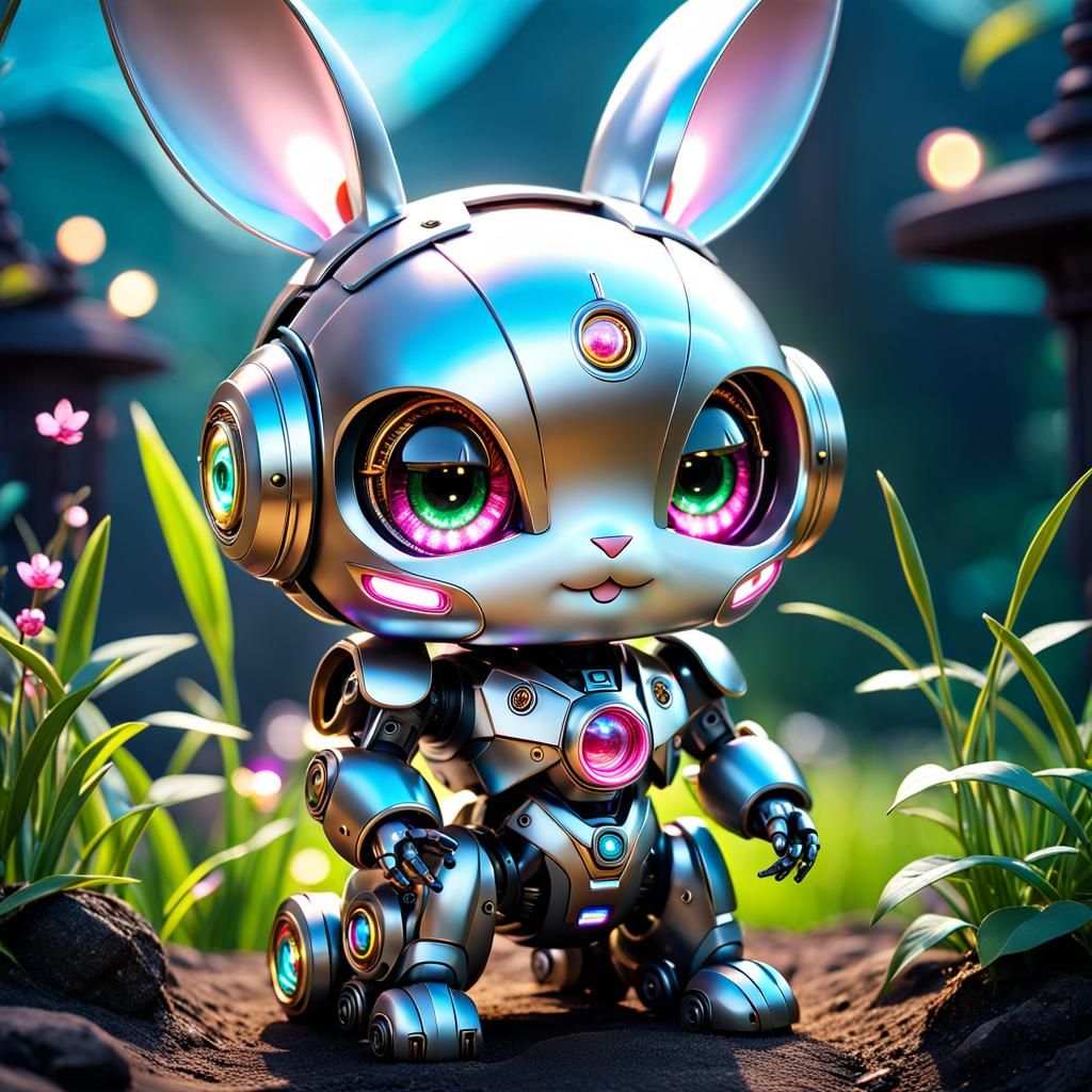 Cute Chibi Robot Bunny in Dark Fantasy Style