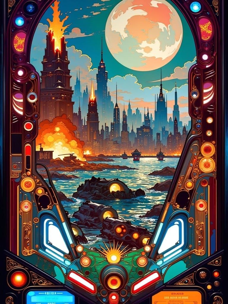 Retro-Futuristic Pinball Machine Backglass in Art Nouveau St...