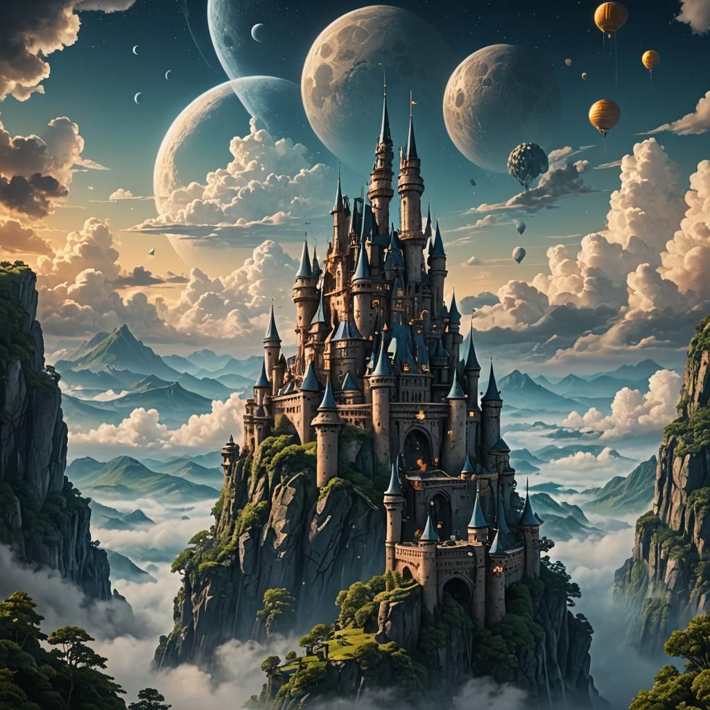 Epic Castle in the Sky Under Three Moons