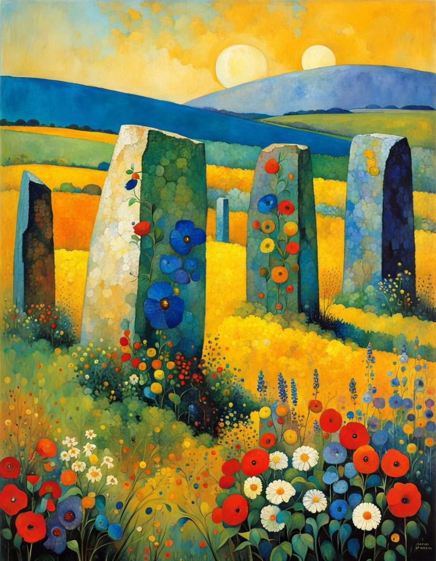 Standing Stones in Wildflowers: Cubist Impasto Art